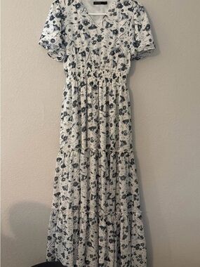 Mikarose White Maxi Dress with Navy Floral Pattern
